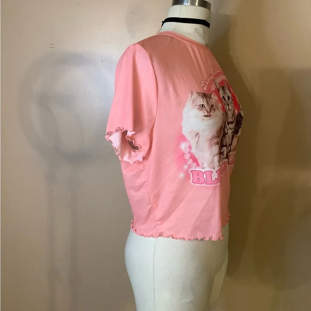 Shein Curve Romwe Pink Sheer Ruffle Edge BabyDoll Crop Kitten Cats Shirt 1X plus